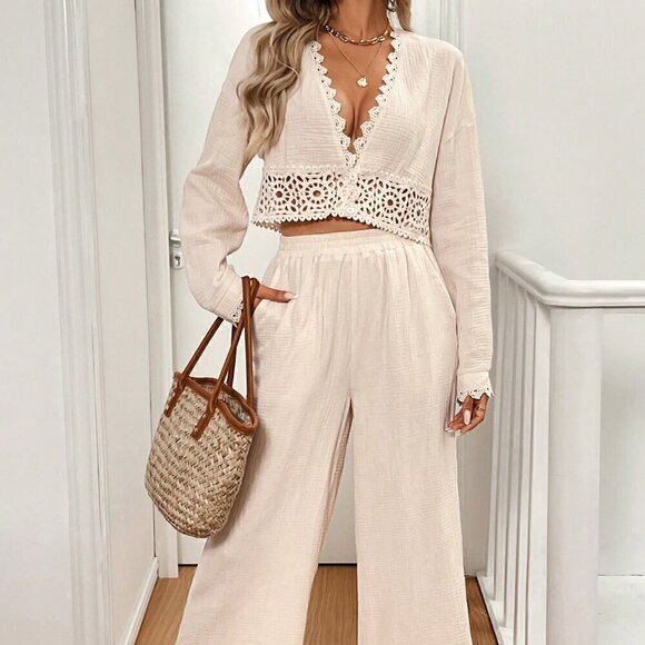 Pants - Apricot Casual Women's Fall Lace Splice Long Sleeve Cardigan And Pants